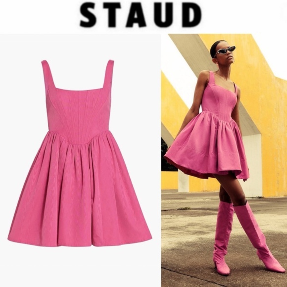 STAUD Landscape Dress Vibrant Pink Flare Dress Sz 0 NWT 395$ - Picture 1 of 10